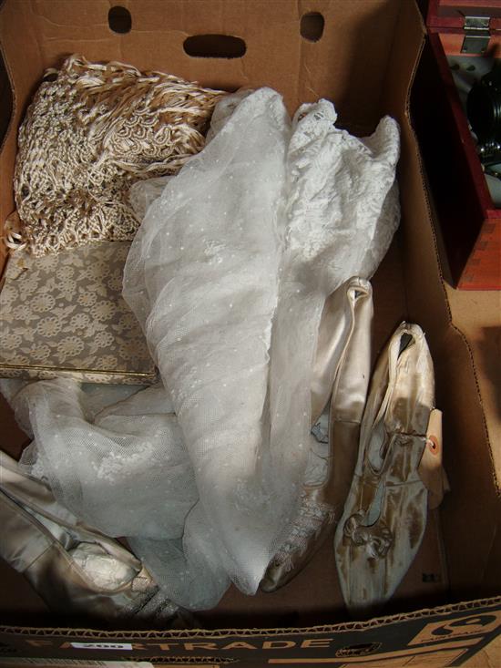 Needle run wedding veil, Brussels hankie & pair of wedding shoes etc.